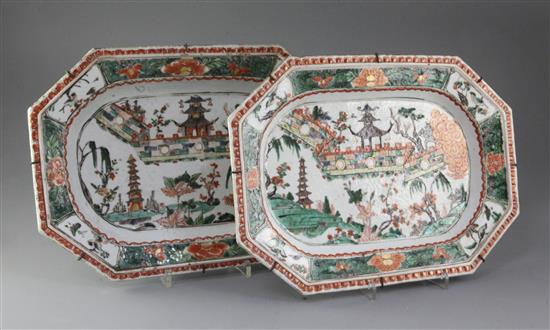 A pair of Chinese export famille verte canted rectangular meat dishes, Kangxi period, 36cm long